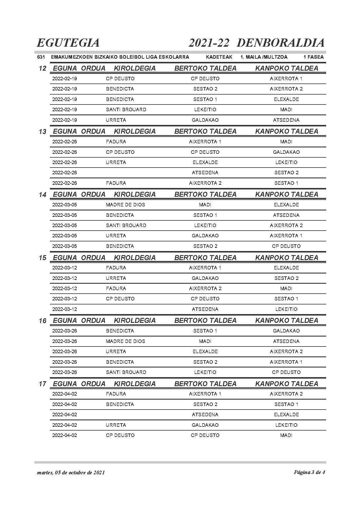  Kadete mailako egutegia / calendario cadete