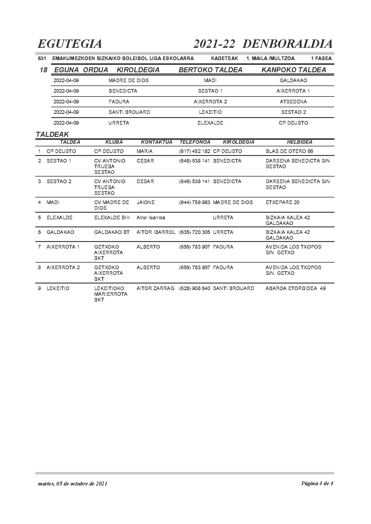  Kadete mailako egutegia / calendario cadete