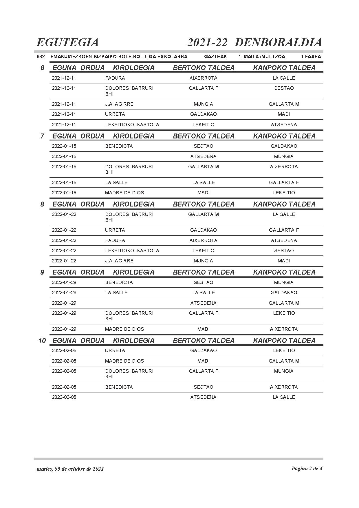 Jubenil mailako egutegia / calendario juvenil