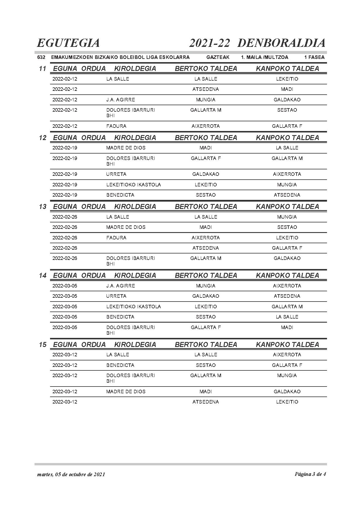 Jubenil mailako egutegia / calendario juvenil