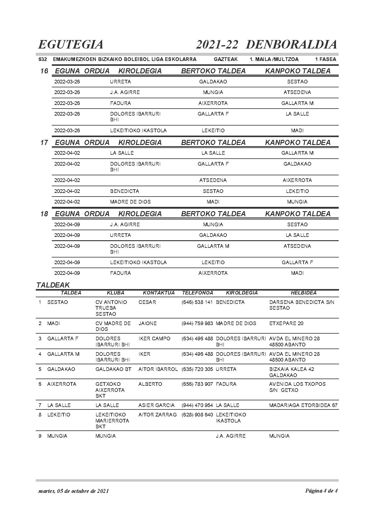 Jubenil mailako egutegia / calendario juvenil
