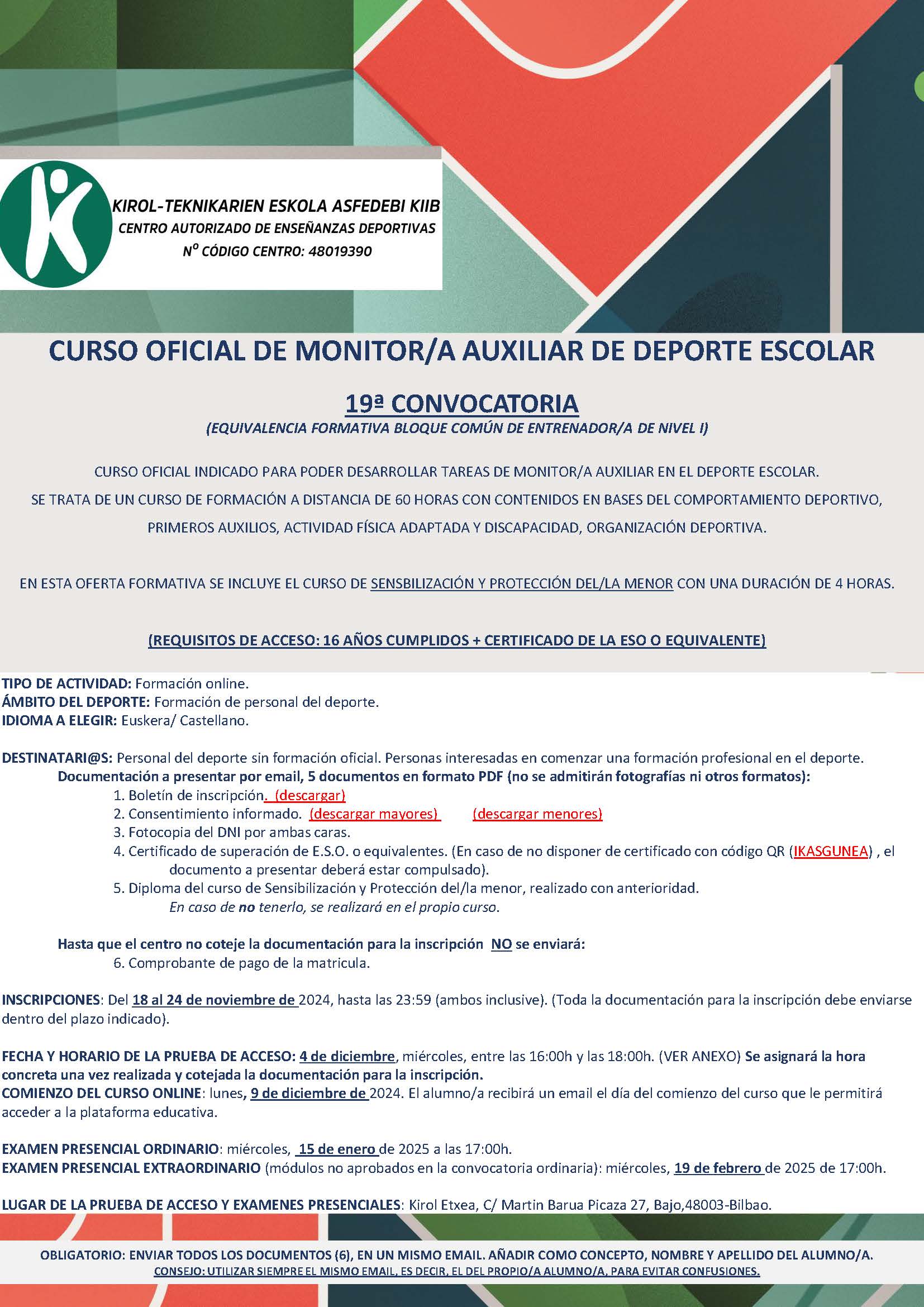CURSO OFICIAL DE MONITOR/A AUXILIAR DE DEPORTE ESCOLAR 19ª CONVOCATORIA