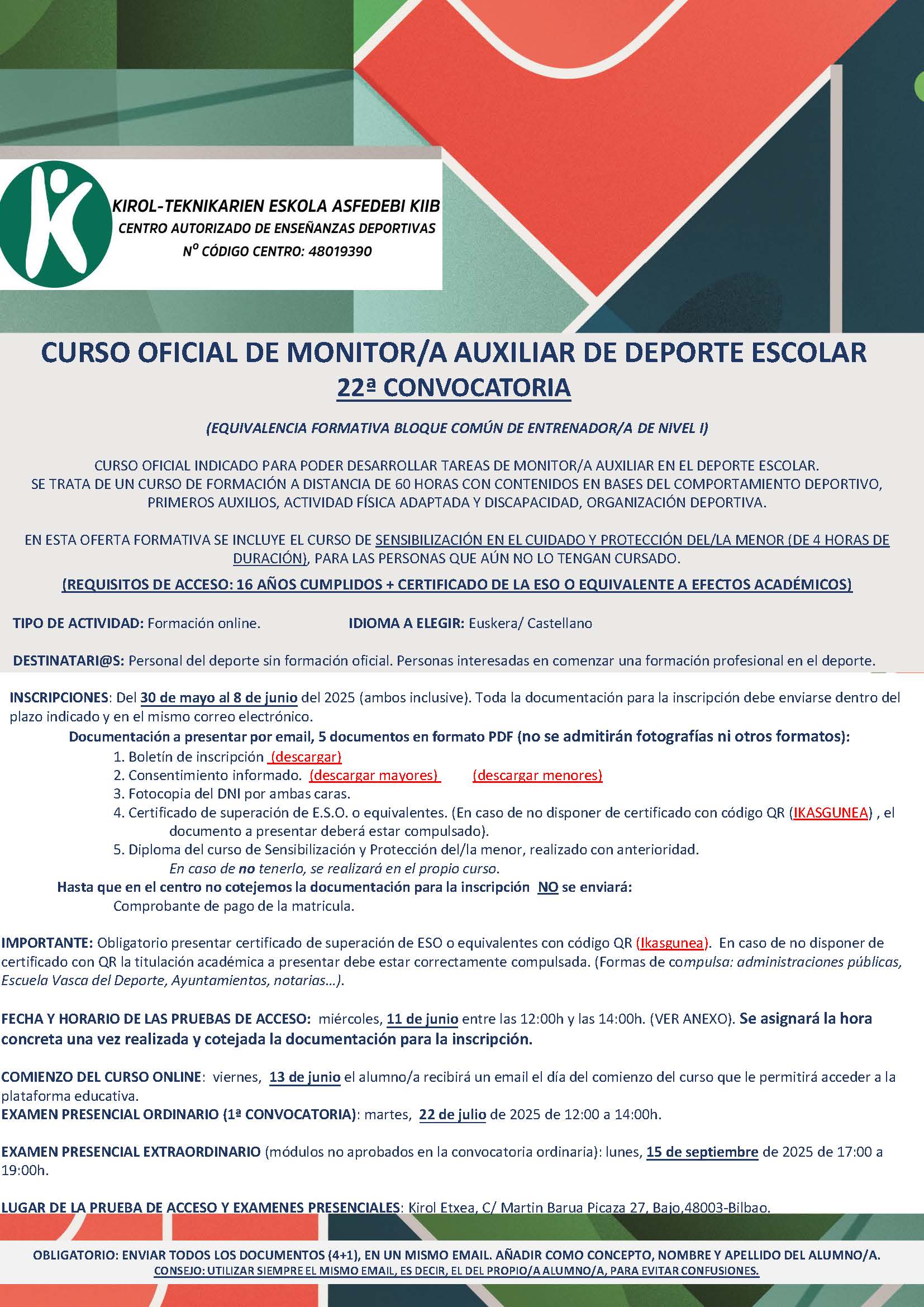 CURSO OFICIAL DE MONITOR/A AUXILIAR DE DEPORTE ESCOLAR  22ª CONVOCATORIA - COMPLETO