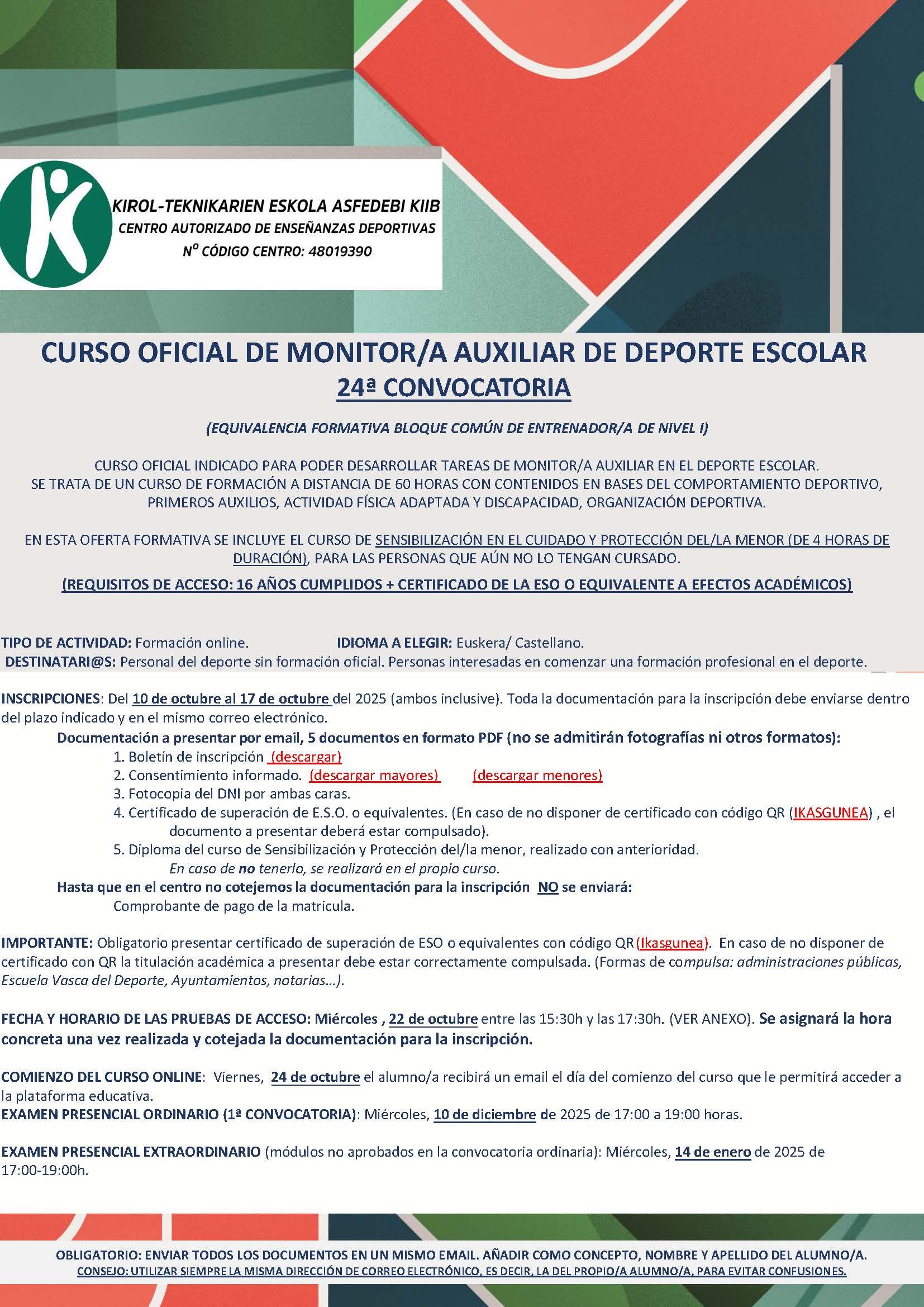 CURSO OFICIAL DE MONITOR/A AUXILIAR DE DEPORTE ESCOLAR 24ª CONVOCATORIA