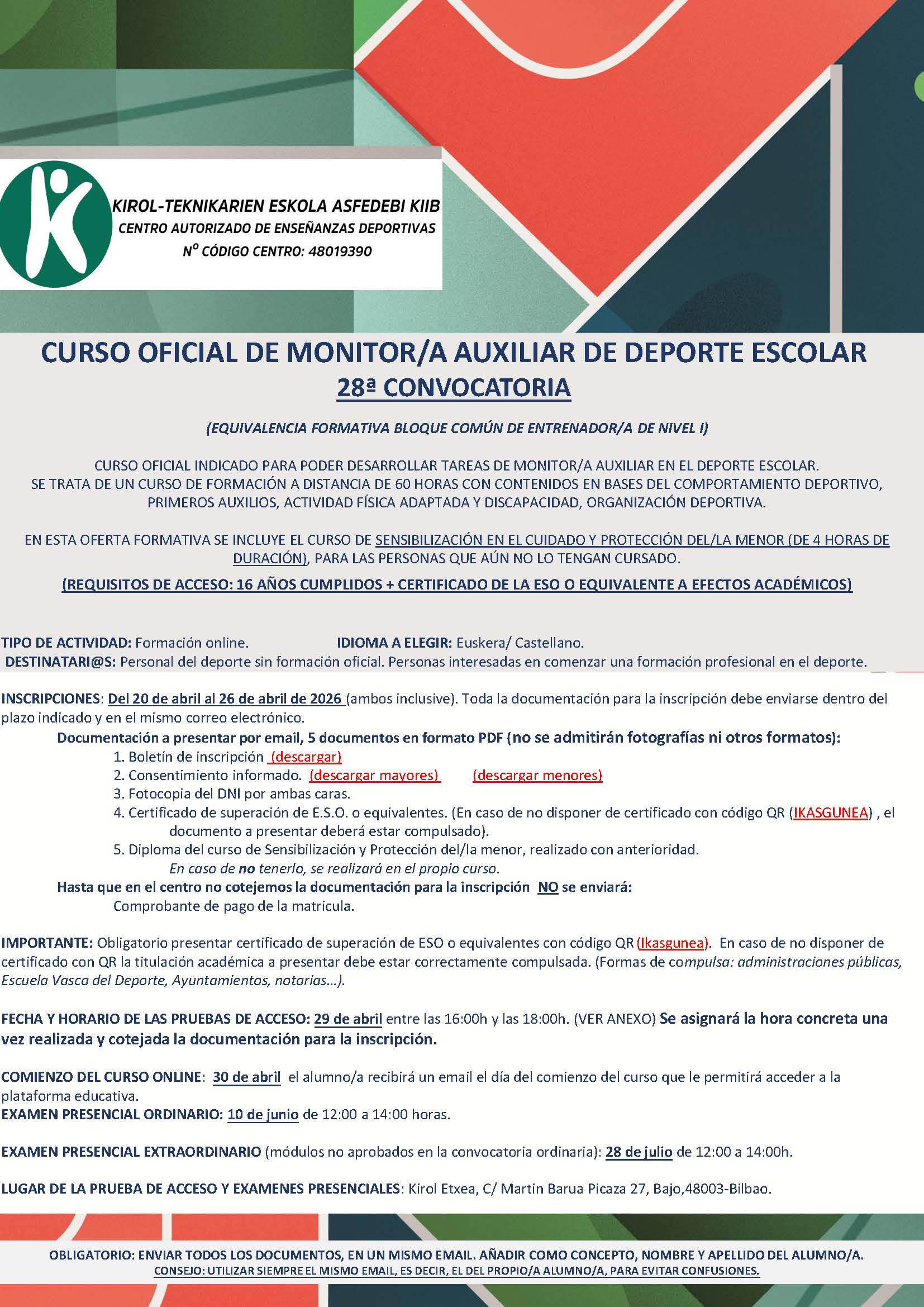 CURSO OFICIAL DE MONITOR/A AUXILIAR DE DEPORTE ESCOLAR 28ª CONVOCATORIA