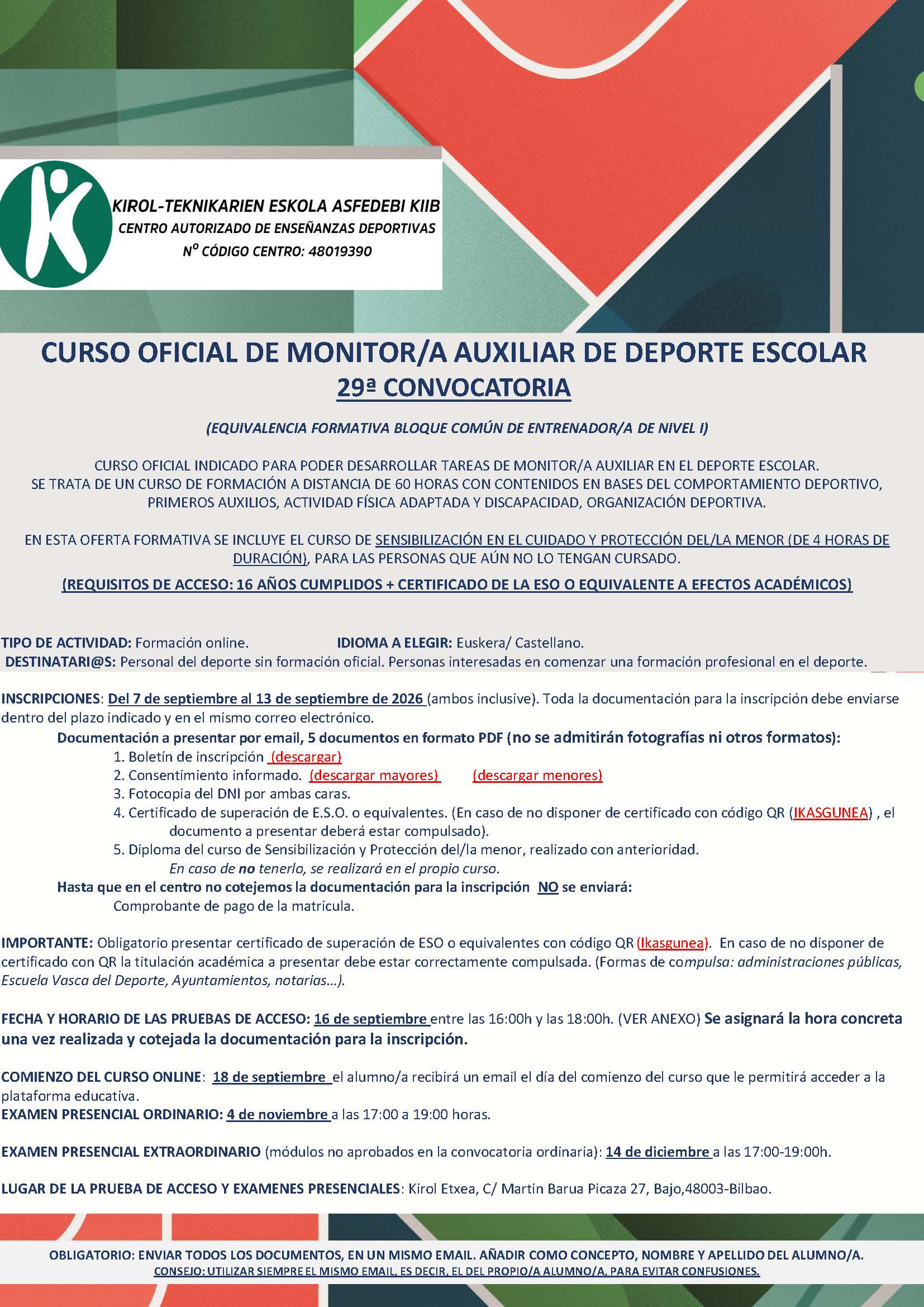 CURSO OFICIAL DE MONITOR/A AUXILIAR DE DEPORTE ESCOLAR 29. CONVOCATORIA